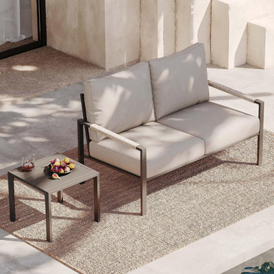 Metal 2-Person Patio Furniture Set, Outdoor Seating Group with Thick Cushions, Loveseat, Side Table