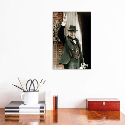 Winston Churchill Making The Victory Gesture In Front Of 10 Downing Street, June 1943 by Rue Des Archives - Wrapped Canvas Print