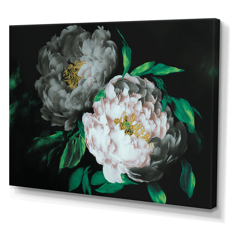 «White Blossoming Peony on Black I», reproduction sur toile, L 20 po x H 12 po, Toile tendue