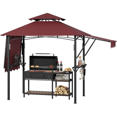 8x5 ft Double-Tier Grill Gazebo with Dual Adjustable Side Awnings, 2 Shelves, 7 Hooks & Ceiling Light Hook, Heavy Duty Steel Frame for Backyard, Patio
