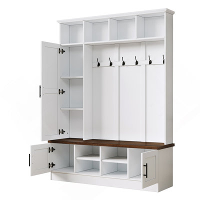 Versatile 3-In-1 Hall Tree With 6 Hooks, Farmhouse Walnut Storage Bench With Adjustable Shelves, 55"W Entryway Coat Rack With Multiple Storage Space For Mudroom, Hallway, White (OLD SKU: N721P234692K)