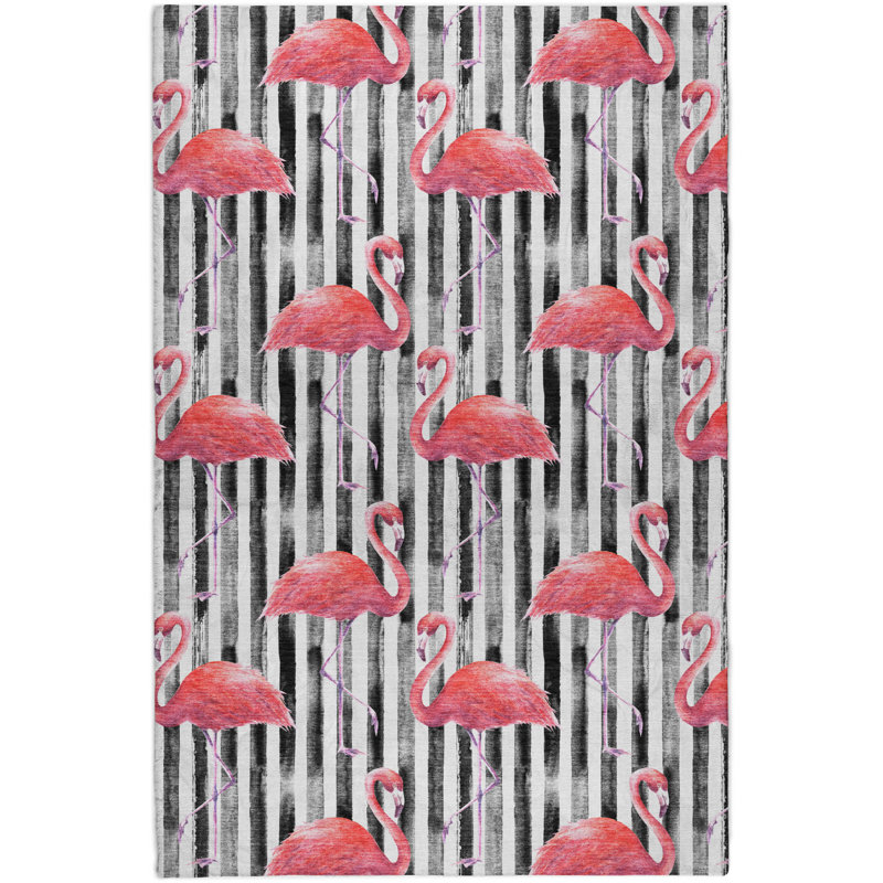 Premium Machine Washable Dream Shag ADS204 Striped and Flamingos Rug, 10' x 14'