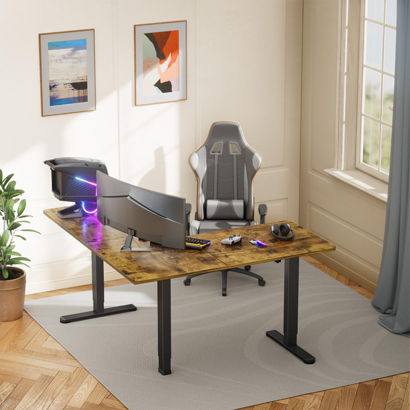 L-Shaped Standing Desk, Ergonomic Large Computer Table with Left and Right Interchangeable Installation, Adjustable Height Electric Desk With Memory Controller，63"x 55", Retro brown