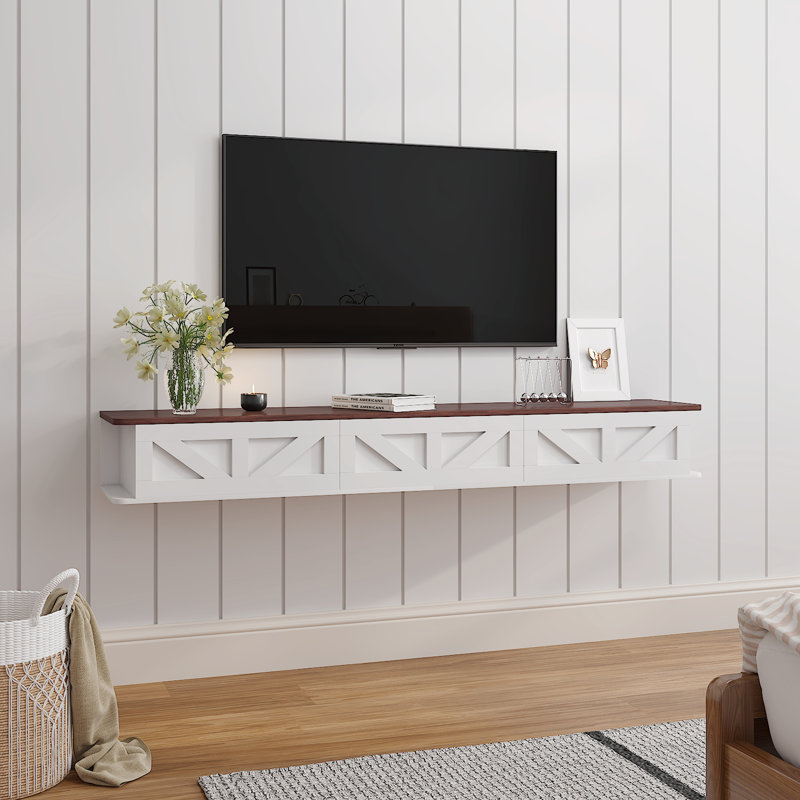 Meuble télé flottant Farmhouse, Blanc / Brun, 7.87" H x 62.99" W x 11.81" D