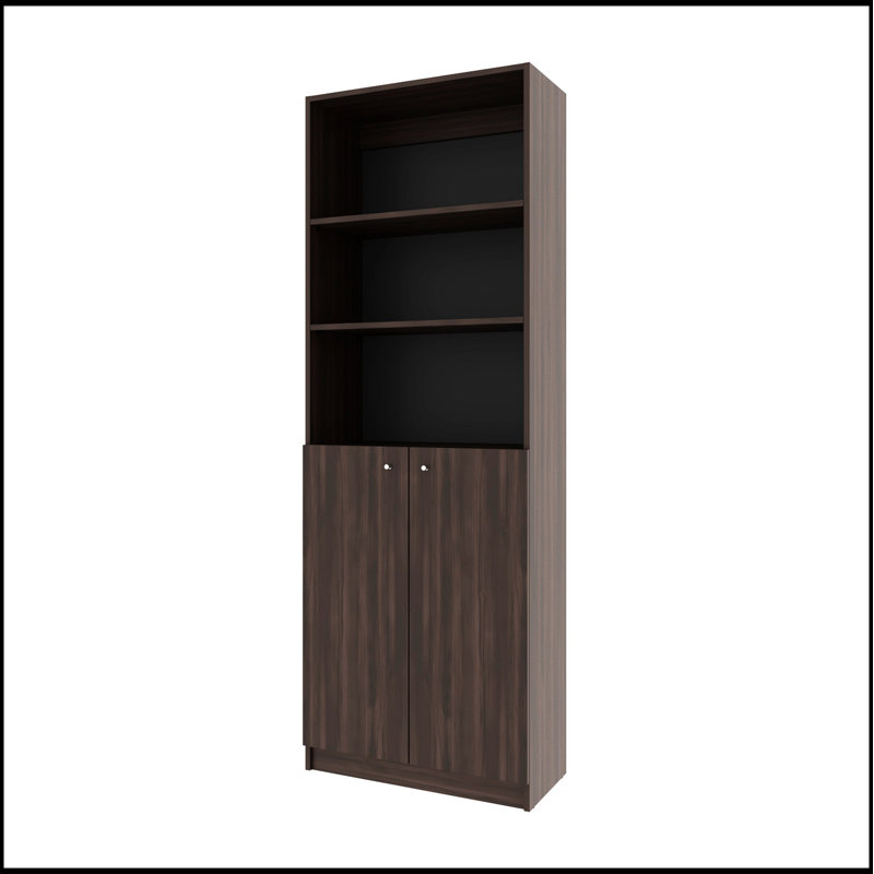 Stained Walnut Bookcase with Open Shelves and Concealed Storage, Perfect for Organizing and Displaying Collections., Walnut