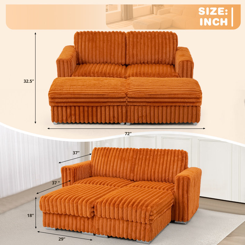 Corduroy Sectional L-Shape 2-Seats Sofa With Extra Flexible Ottoman, Orange Corduroy