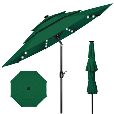 10FT 3-Tier Solar Patio Umbrella,32 LED Lights Patio Table Umbrellas With Tilt And Crank,8 Sturdy Ribs For Market, Beach, Pool, Garden, Deck, Backyard
