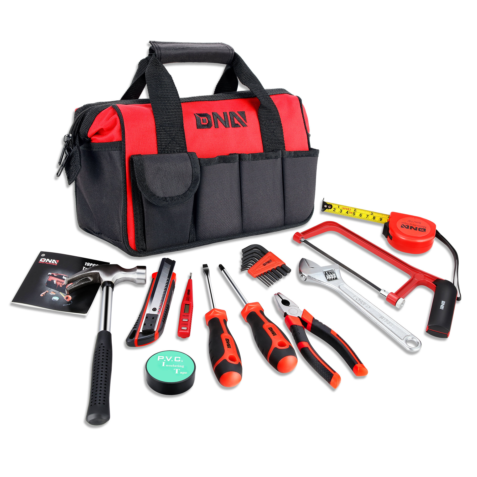 DNA Motoring Tools-00204 Red 19 Pcs Portable Tool Kit Household General Repair Adjustable Wrench Claw Hammer Set Hand Tool Canvas Bag