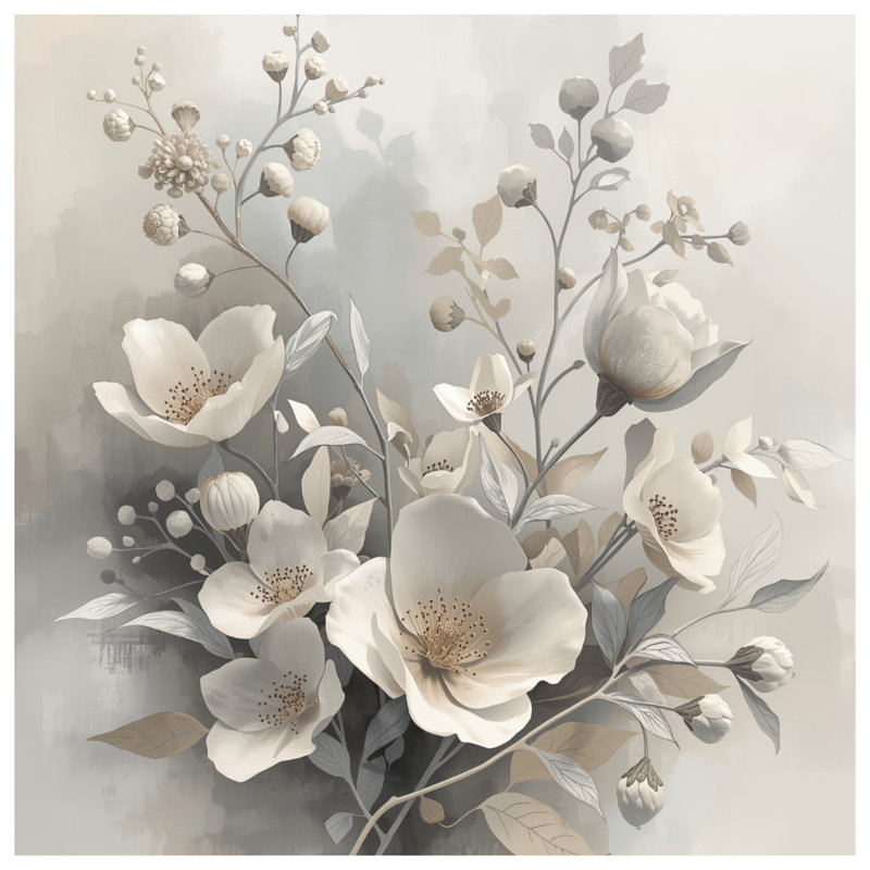 Tapisserie murale fleurs blanches et beige - décoration murale florale, H 50 po x l 60 po avec 4 œillets