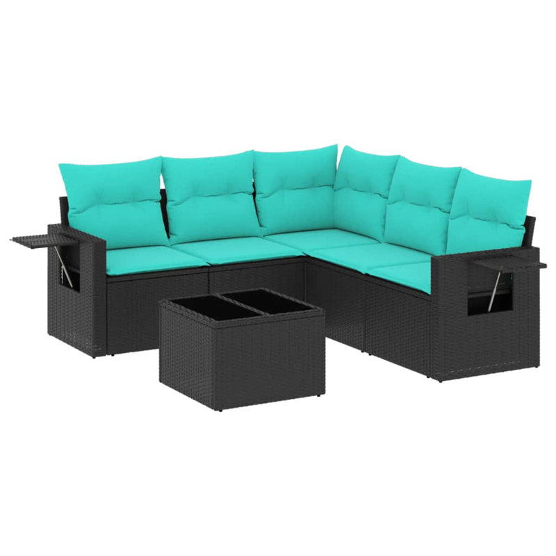 Ensemble de canapé de patio 6 pièces avec coussins en rotin de polyester, Bleu clair, Noir