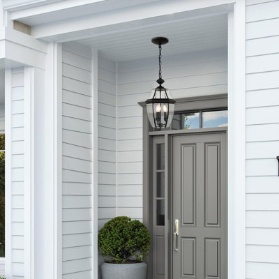 Grand luminaire suspendu d'extérieur à 3 lumières, lustre d'extérieur noir moderne lustre 20 po, lanterne suspendue au plafond en métal avec verre transparent pour porte d'entrée, entrée, pavillon de jardin