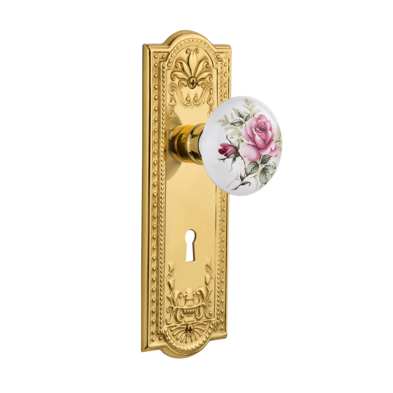 Meadows Plate with Decorative Keyhole and White Rose Porcelain Door Knob, Polished Brass