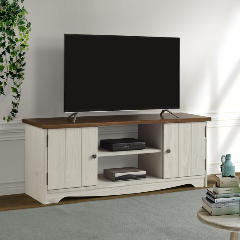 Meuble télé en bois massif pour téléviseur de 58 po ou moins Piumafua, Brun / blanc