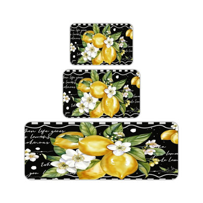 Black Background Lemon Floral Quote Set Of 3 Kitchen Mat Set