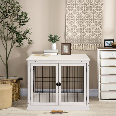 Petite table de cage pour chien, avec porte verrouillable et deux entrées, jolie table de bout blanche, côtés ouverts, intérieur décoratif