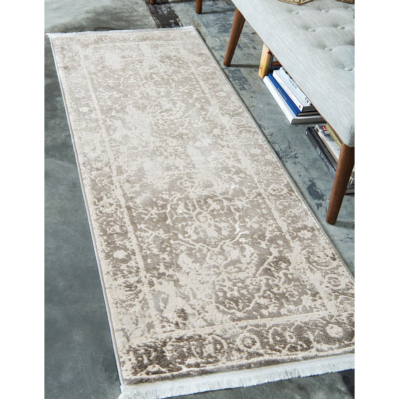 Tapis gris à motif géométrique Maglione, Tapis de couloir 2 pi 7 po x 10 pi