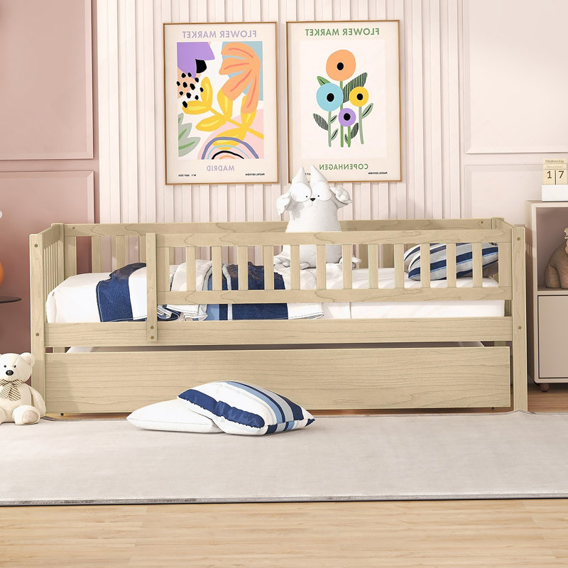 Lit de jour en bois avec couchette et garde-corps, Naturel, Simple