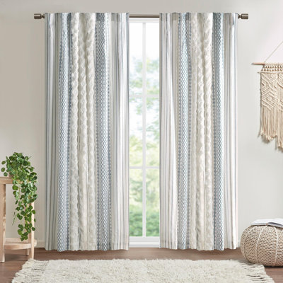 Rideau de fenêtre simple à panneau Boho, rideau 100% coton touffeté à rayures en chenille filtrant la lumière, ivoire / bleu marine