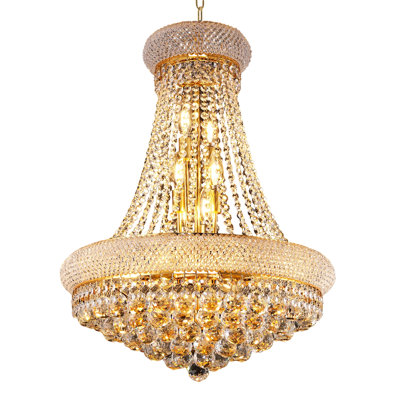 24-inch gold crystal chandelier, 12-light French Empire-style ceiling fixture, equipped with LED bulbs, 3000K warm light, suitable for dining rooms, bedrooms, and living rooms.