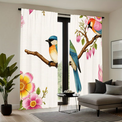 2 pièces oiseaux colorés sur des rideaux à motif de branches, passe-tringle soleil bloquant la fenêtre pour le salon, la salle à manger, la décoration florale