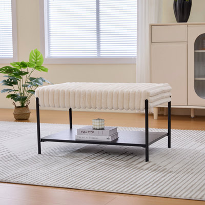 30.7"Wide Upholstered Ottoman Coffee Table Foot Rest With Metal Legs,Footstool With Wooden Open Storage Shelf, Faux Fur Foot Stool For Living Room Bed by Everly Quinn