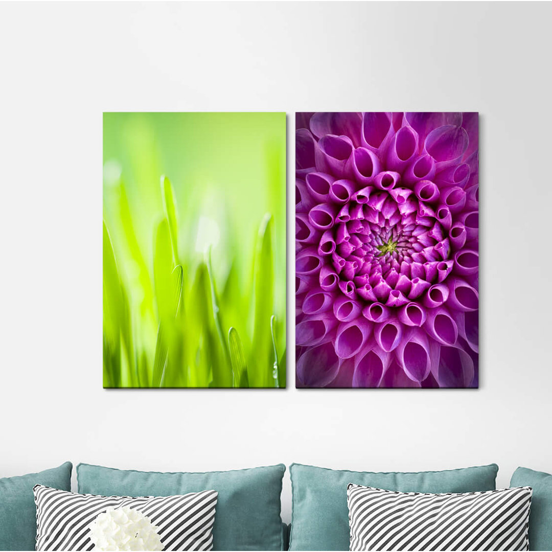 2-tlg. Leinwandbilder-Set - Grafikdruck „Dahlia Blades of Grass Green Viellot Flower Spring”