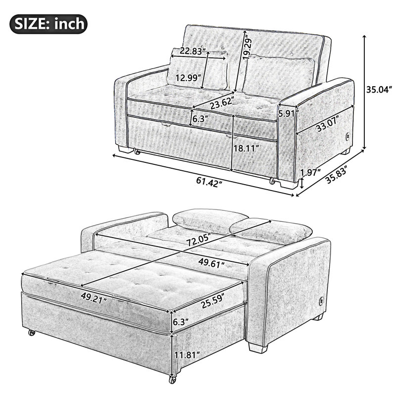 Upholstered Pull Out Sofa Bed With Throw Pillows, USB Charging Port And Adjustable Backrest, Charcoal Gray