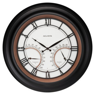 Horloge murale d'extérieur lumineuse 24 pouces avec thermomètre / capteur d'humidité AcuRite, chiffres romains, cadre en métal et lentille en verre (75022M)