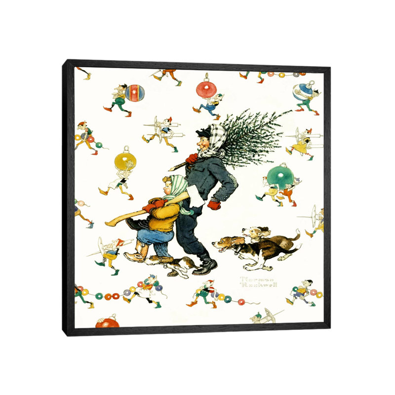 Bringing Home The Tree #2 by Norman Rockwell - Painting on Canvas, 66.04 cm H x 66.04 cm W, Black Framed