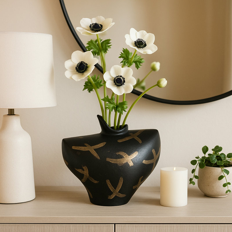Decorative Abstract Table Vase for Home Decor – Modern Flower Vase for Shelf Styling, Tabletop Entryway, and Living Room Decor – 9", Black/ Gold