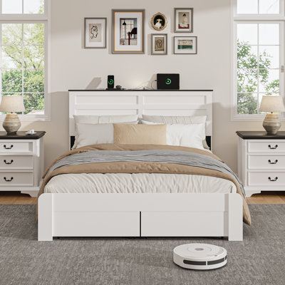 Farmhouse Wood Platform Bed Frame With 2 Drawers,Full Size Bed Frame With Charging Station,No Box Spring Needed