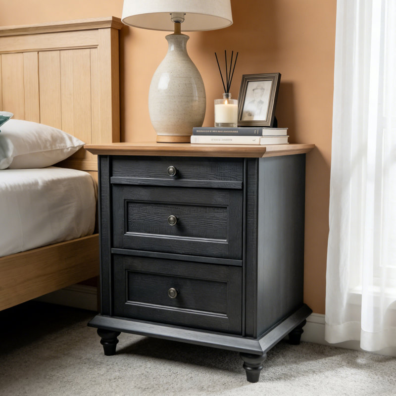 23.6” W Farmhouse Rutland With 3 Storage Drawers, Bedside Table With Solid Wood Legs For Bedroom, Black