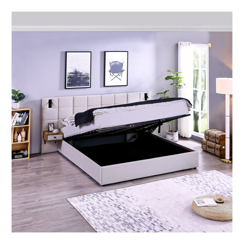 Très grand lit plateforme tapissier hydraulique en velours avec 2 tablettes, 2 lampes de lecture et port USB, beige