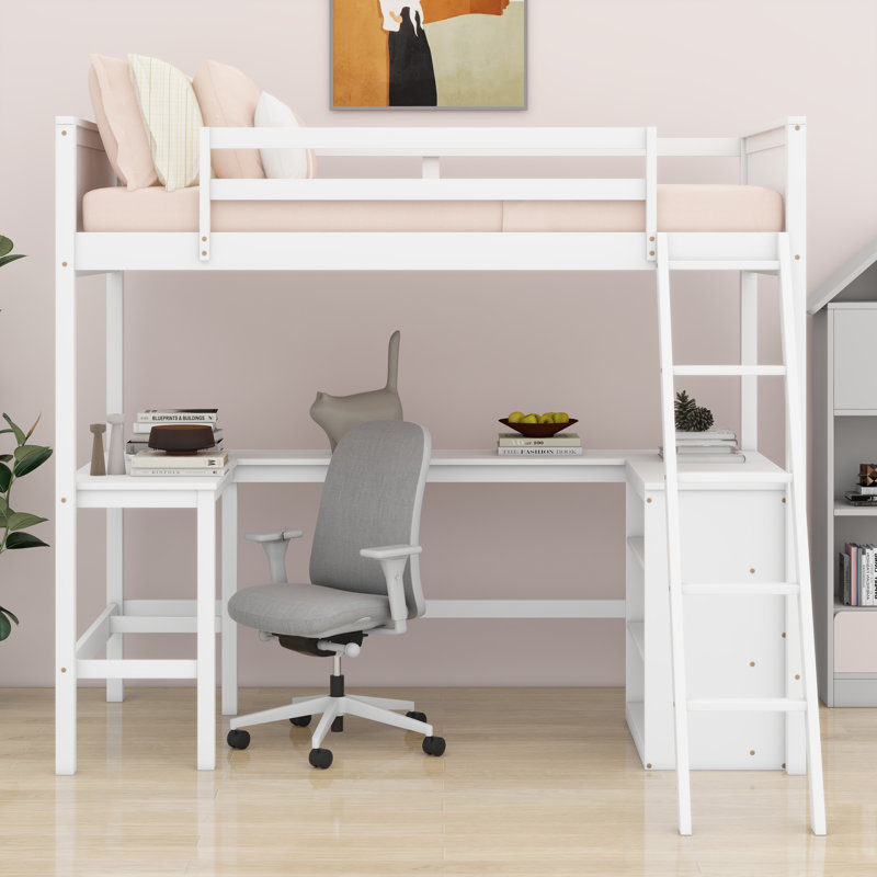Loft Bed With Shelves,Desk, White, Twin