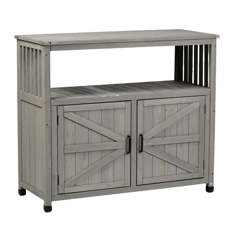 Buffet de patio intérieur gris avec rangement en bois de sapin massif, table de bar élégante à lattes, armoire de rangement polyvalente pour espaces de vie élégants, rangement pour outils