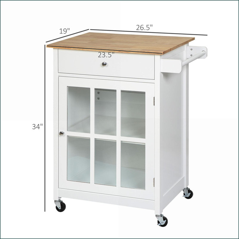 Îlot de cuisine avec tiroir, armoire en verre et amp; Tablette réglable | Blanc | Plateau en bois d'hévéa