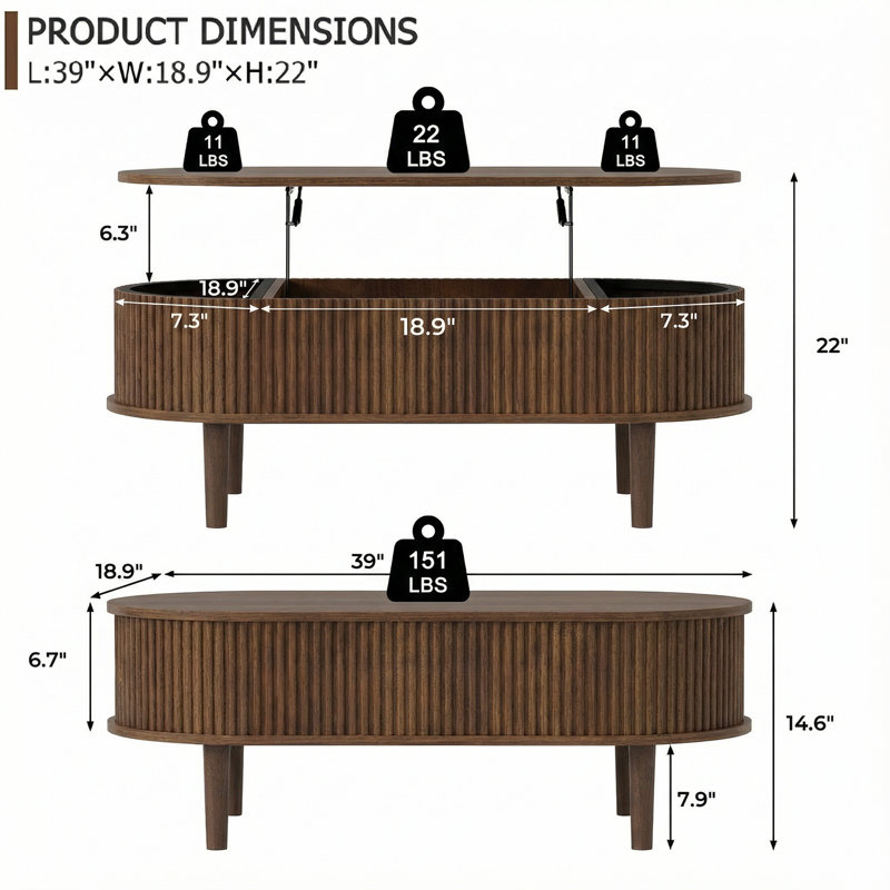 Table basse à plateau relevable 39 po, Brun