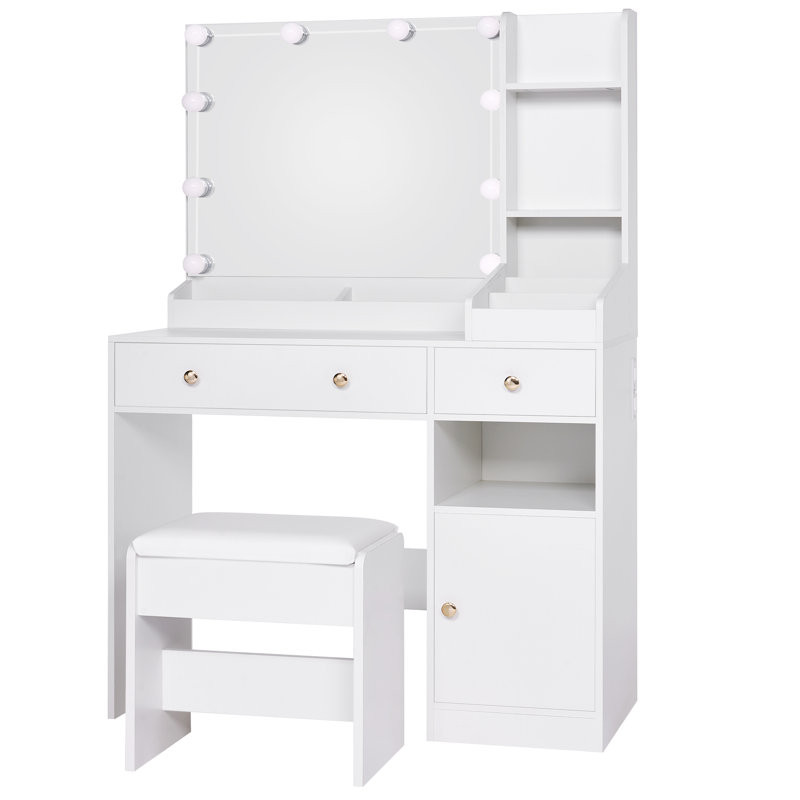 Makeup Vanity Set With Built-in Outlets And Lighted Mirror