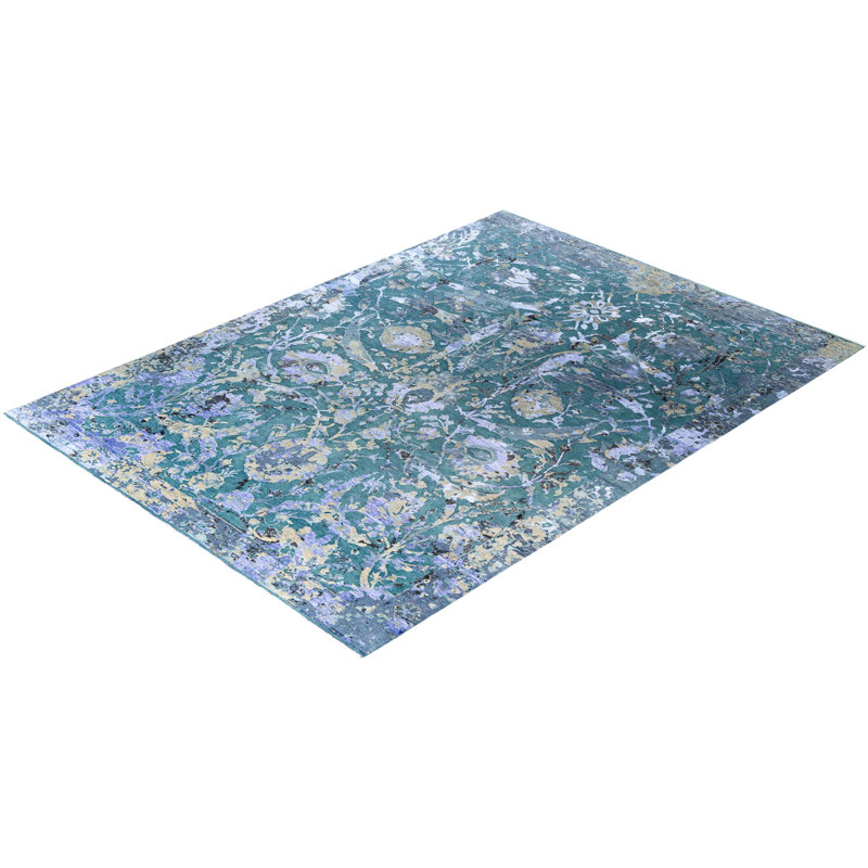 Tapis unique noué à la main de conception unique - vert de 9 pi 1 po x 12 pi 4 po Leonard