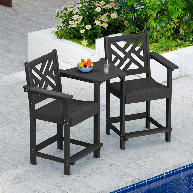 2-Person Patio Bar Stools Tall Adirondack Bar Chairs with Arms & Tabletop, Black