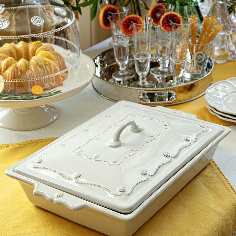 White Rectangular Ceramic Casserole Dish with Lid, 13-inch