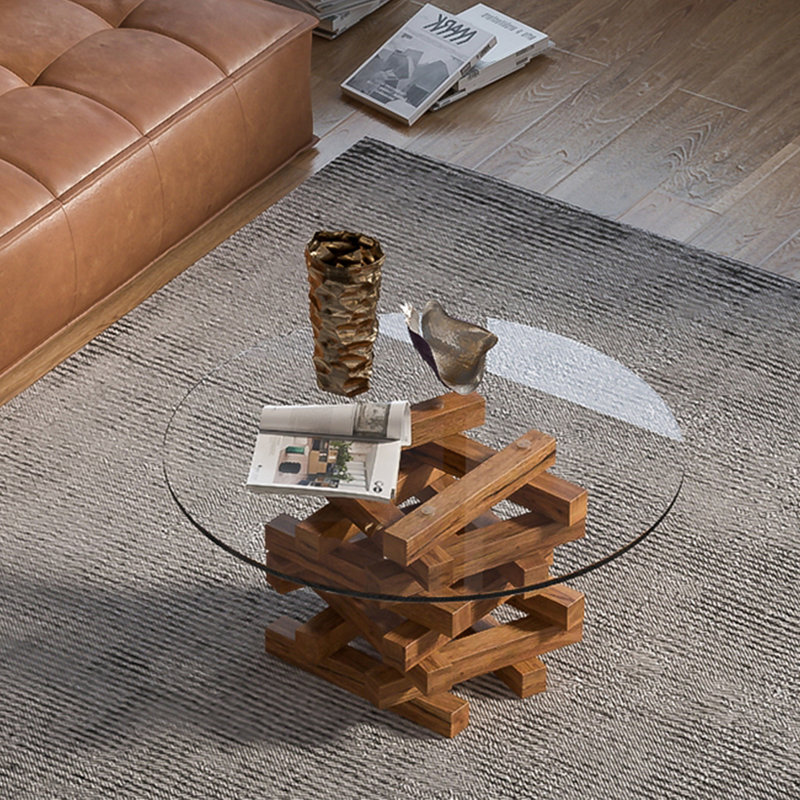 Simple modern solid wood glass coffee table, 15.7" H x 35.4" L x 35.4" W