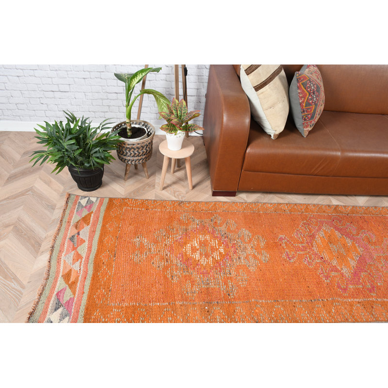 Tapis de couloir vintage turc Herki orange vif pour la cuisine et les escaliers de couloir avec un style bohème