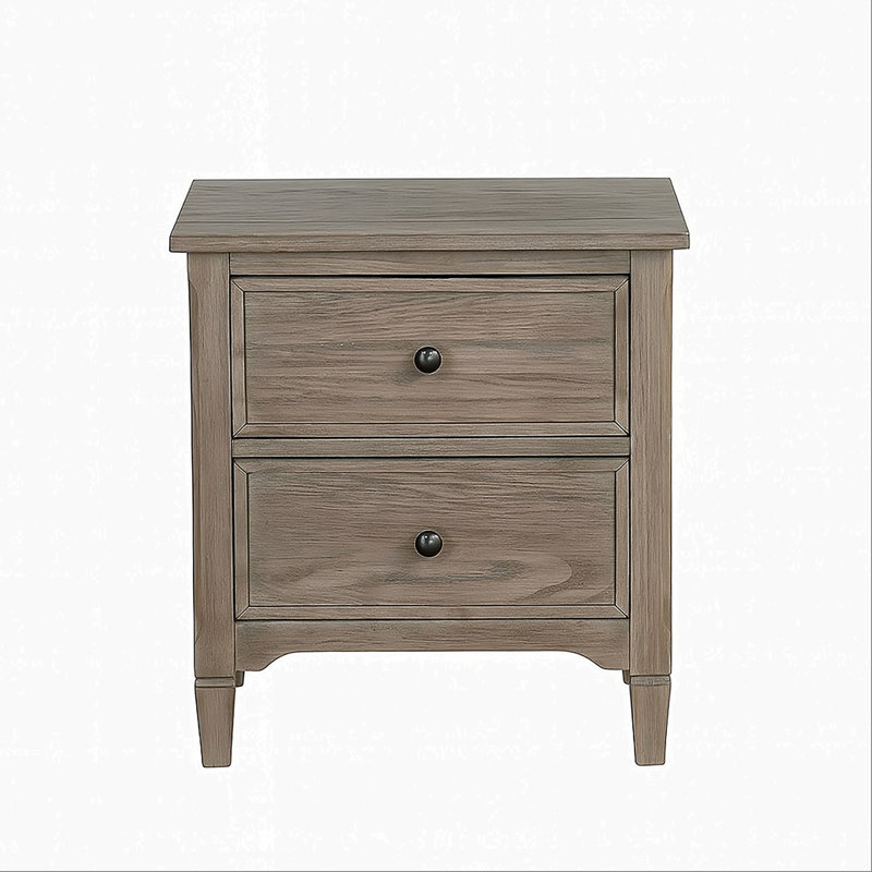 Table de chevet 2 tiroirs avec poignées rondes bronze, gris chaud brossé