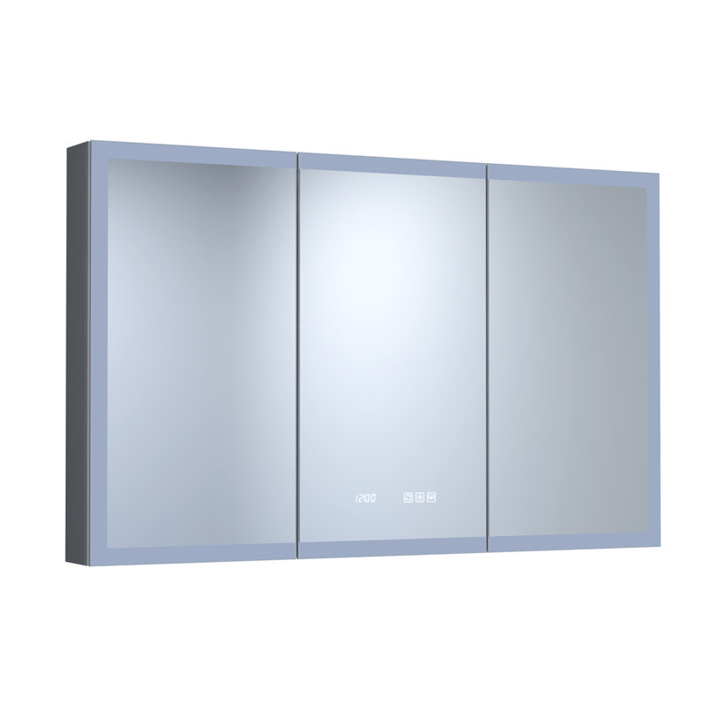 48 po Armoire à pharmacie rectangulaire en aluminium argenté encastré / à fixation en surface avec miroir haute définition, DEL intégrée, charnières à fermeture en douceur à 110 °, fonction de brouillard et stations de charge robustes