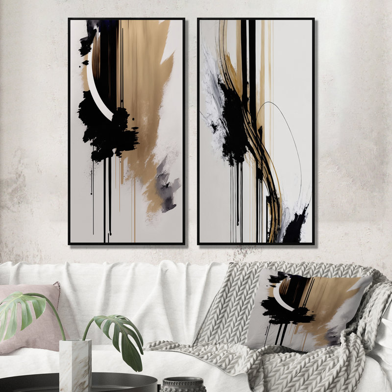 «Black, White and Gold Expression III», 2 pièces sur toile, H 32 po x l 32 po, Cadre noir