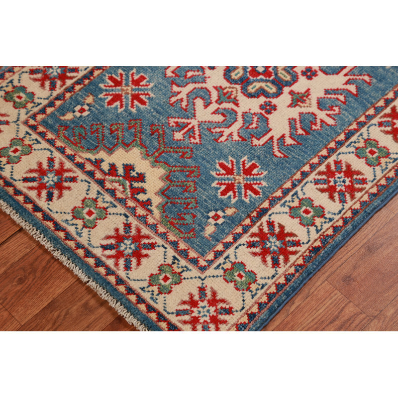 Tapis décoratif oriental fait à la main bleu Kazak 2x3