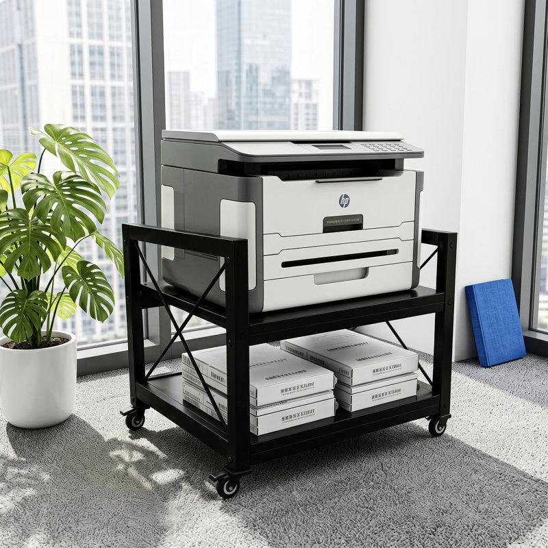 Support d'imprimante de bureau à 2 niveaux en bois d'ingénierie industrielle - Durable, compact, plates-formes réglables, roulettes, assemblage requis. Support de photocopieur sous bureau spécialisé.