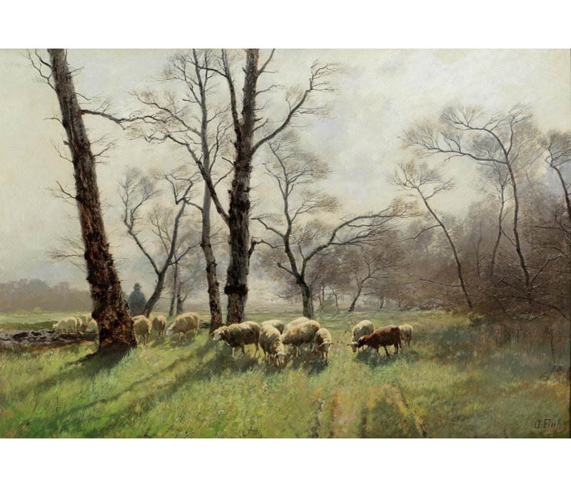 «Shepherd with His Flock in the Evening Light» par August Fink - Art mural sur toile tendue avec châssis, H 24 po x l 17 po