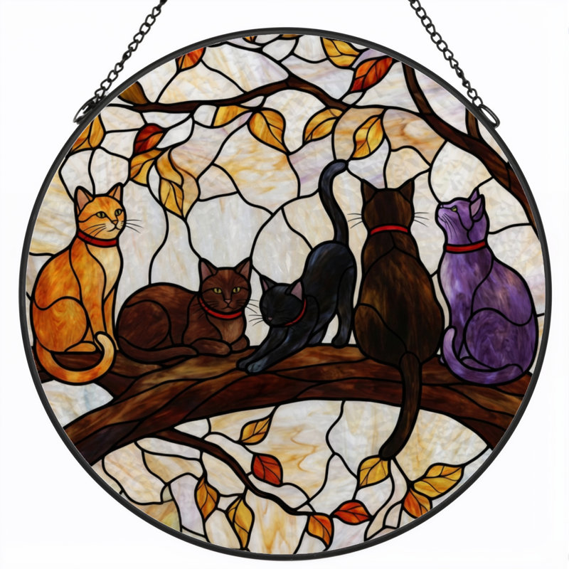 Panneau de vitrail Cats Tree, 12" H x 12" W